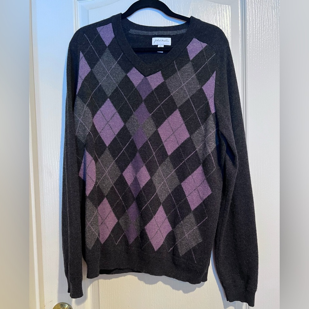 Nordstrom V-Neck Argyle Cashmere Sweater in Gray and Purple Men’s L Tall Dadcore